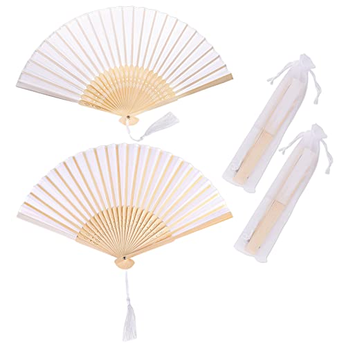 2 pezzi ventagli pieghevoli con frangia in seta, ventagli a mano portatili, 21 x 38 cm, ventilatori pieghevoli, per ventaglio matrimonio, danza ecc. (White2)