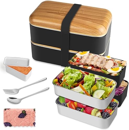 HOLIPOT Lunch Box, Porta Pranzo Ermetico Bento Box Acciaio Inox con Posate per Ufficio, Pranzi A Lavoro, Scuola - Lavabile in Lavastoviglie, Senza BPA
