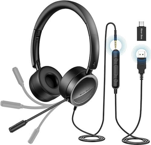 New bee Cuffia PC con Microfono Cuffie USB/3.5 mm Suono Stereo Nitido Auricolare Business per Skype Zoom MS Team Seminario Web Chiamare Call Center(1 pezzo)