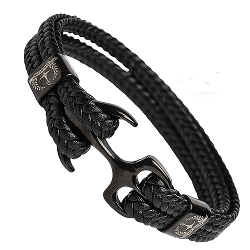 Tom Miller® Braccialetto con Ancora da uomo in pelle nera di alta qualità. Regalo per uomo Gioielli da uomo eccellenti (Nera, 21)